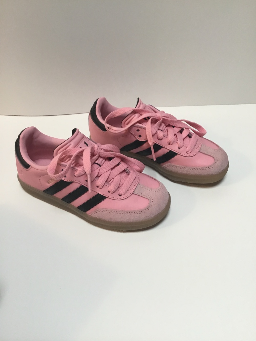 Adidas Girls Pink Athletic Sneakers with Black Stripes Size 12 1/2
